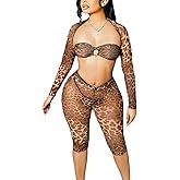 RISCUYY Cheetah Print Outfit for Women Sexy 3 Piece Stretchy See Through Sexy Club Outfits for Women Clubwear 2025