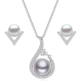 YAMI Freshwater Pearl Necklace and Earring Set for Women, 925 Sterling Silver 10MM Cultured Pearls Pendant Necklace Pearl Stud Earrings Jewelry Set, 18Inch+2" Box Chain, Gifts for Mother Wife Her