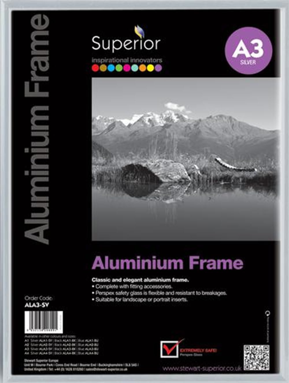 Stewart Superior A3 Brushed Aluminium Picture Frame with Perspex Safety Glass - Silver