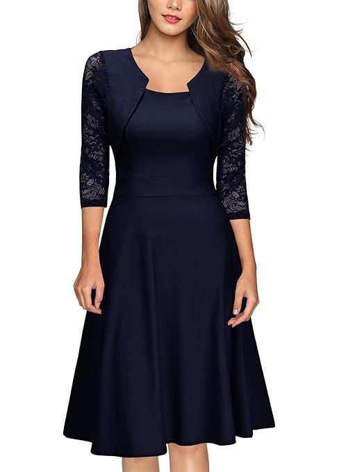 Miusol Damen Elegant Spitzen Cocktailkleid Vintag Knielang Party Kleid
