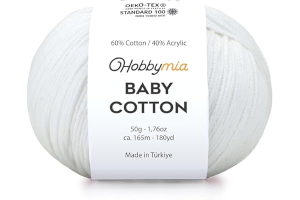 HobbyMia Baby Cotton Yarn for Crocheting - 50g / 180yds - (2) Fine, Sport Weight Yarn - Soft Amigurumi Yarn for Crochet Thread - 60% Cotton & 40% Acrylic (White, 1 Ball)