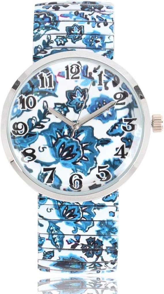 Amazon Panpox 腕時計 スパニッシュタイルアート スカイブルー 花柄 レディース Lサイズ 大きめ ゴムのように伸びる ジャバラバンド レディース腕時計 腕時計 通販