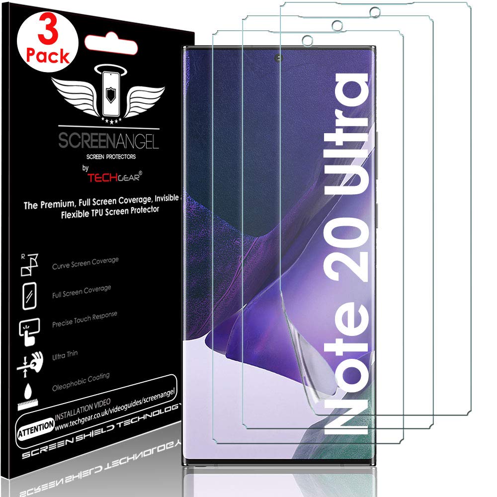 TECHGEAR [3 Pack Screen Protector fits Samsung Galaxy Note 20 Ultra [Screen Angel Edition] [In-Display Fingerprint Support] [Case Friendly] [Bubble Free] [FULL Screen Cover] HD Clear Flexi TPU Film