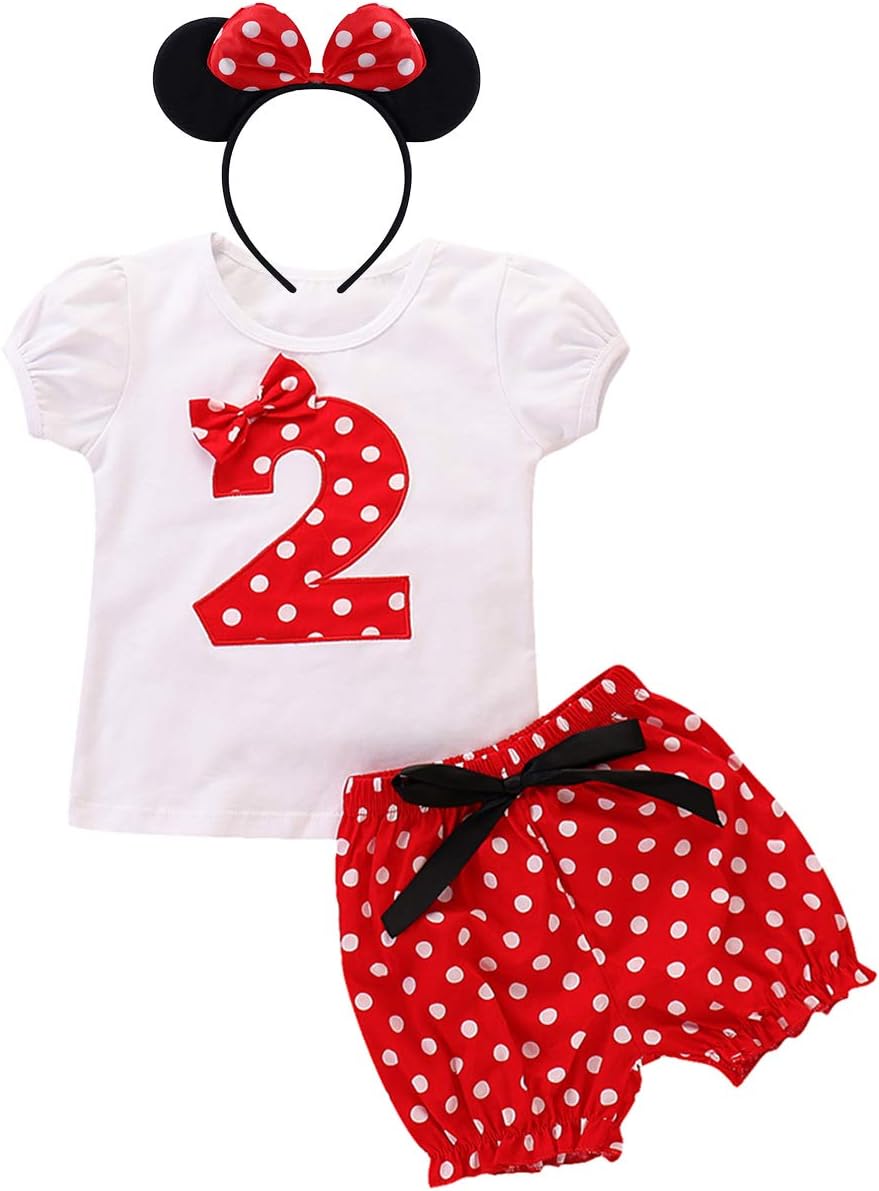 Costume Baby Kid Girl Birthday Party Outfits Summer Polka Dots T-Shirt Shorts Pants Mouse Ear Headband Playwear
