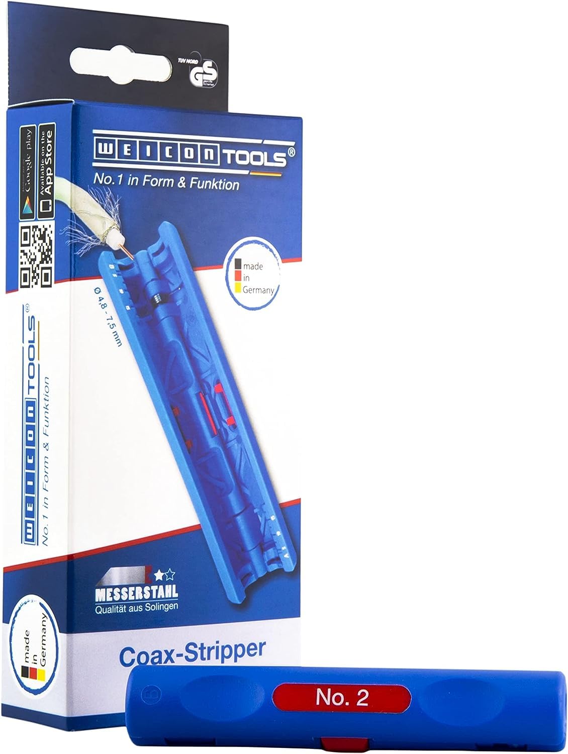 WEICON Coax Stripper no. 2 / for Common coaxial Cables/Dismantling plier for SAT and Antenna Cable 4,8-7,5 mm Ø/Adjusted Cutting Depth/Blue/red