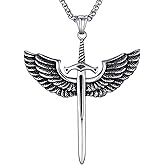 Mens Stainless Steel Pendant Necklace Angel Wings Sword Cross Pendant with 24 Inches Link Chain