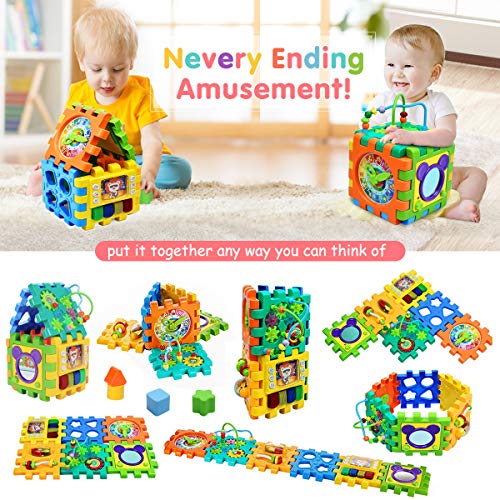 BBLIKE Baby Activity Cube with Bead Maze, 6 in 1 Multipurpose Activity Center Busy Learner Cube with Shapes Maze Music Gears Clock Educational for Kids 1 Year+