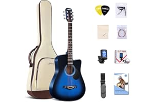 Lankro 38 inch Guitar Blue Acoustic Guitar Beginner kit Adult Cutaway Acoustic Guitar Guitarras Starter Set Bundle with Padded Gig Bag, Strap, Capo, Strings, Picks