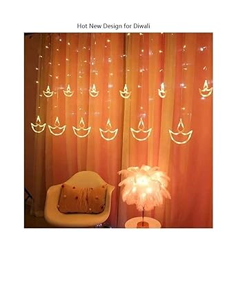 Hearty Feelings Diya Lights Curtain, Diwali Diya Lights String with 10 Hanging Diya led Light 2.5 Meter, 8 Flashing Modes, Decoration Lighting, Festive Home Decor (Set of 1 - Warm White/Yellow)