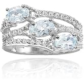 Ice Gems Sterling Silver Blue Topaz and White Topaz Oval Three Stone Ring