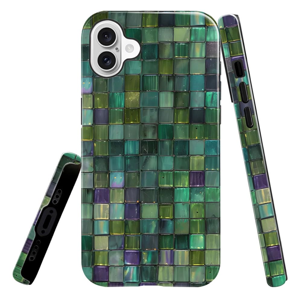Case for iPhone 16 Plus,Green Mosaic Glass Retro Style Phone Case Slim Silicone Shockproof Cover for Girls Women（Glossy & Durable）