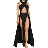 Velius Women Sexy Hollow Out Halter Wrap Sleeveless Plain Pleated Slit Casual Long Maxi Dress