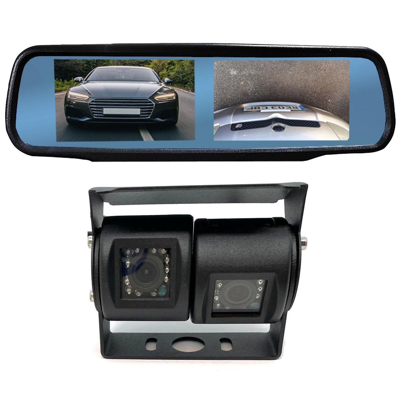 Dolphin Automotive Commercial Van Dual Twin Commercial Reversing Reverse Rear View Camera Black (with 4.3" Dual Mirror Monitor)