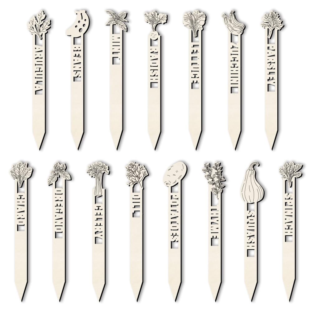 arricraft 15 Pcs Garden Herb Plant Markers, 15 Styles Wooden Hollow Signs Vegetable Fruit Plants Tags for Indoor Outdoor Greenhouse Potted Seed Herbs Patio Supplies 15.2x2.54cm(6x1inch)