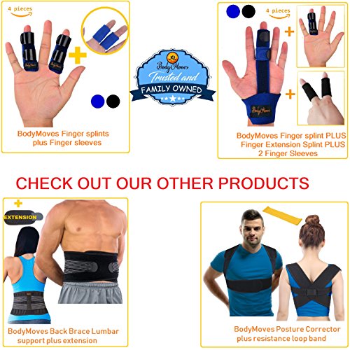 BodyMoves Finger Splint Plus Finger Extension Splint Plus 2 Black Nylon Sleeves for Trigger Finger Mallet Finger Broken Finger Rheumatoid Arthritis Post Operative Care (Aqua Blue Splints)