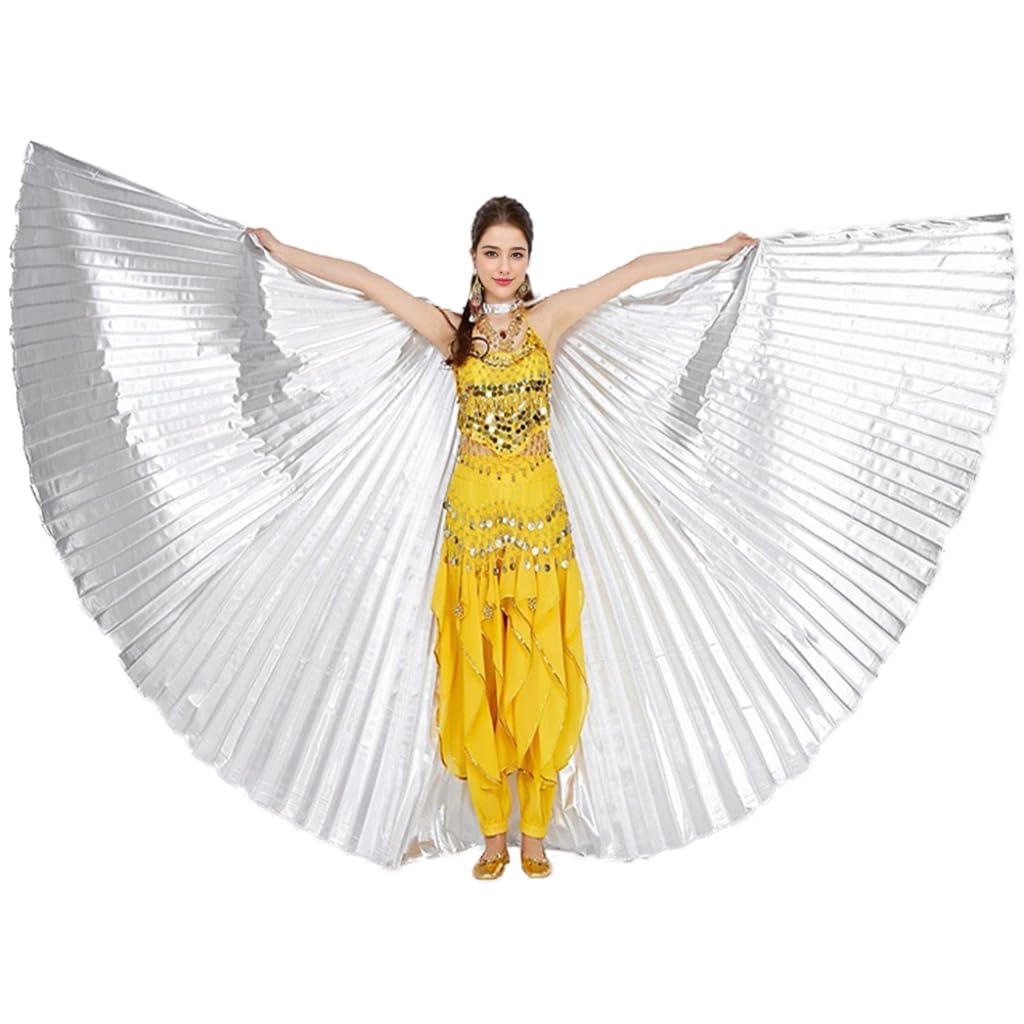 Leemiman Women Belly Dance Wings for Adult Belly Dance Costume for Halloween Carnival Performance Angel Wings with Sticks (Silver)