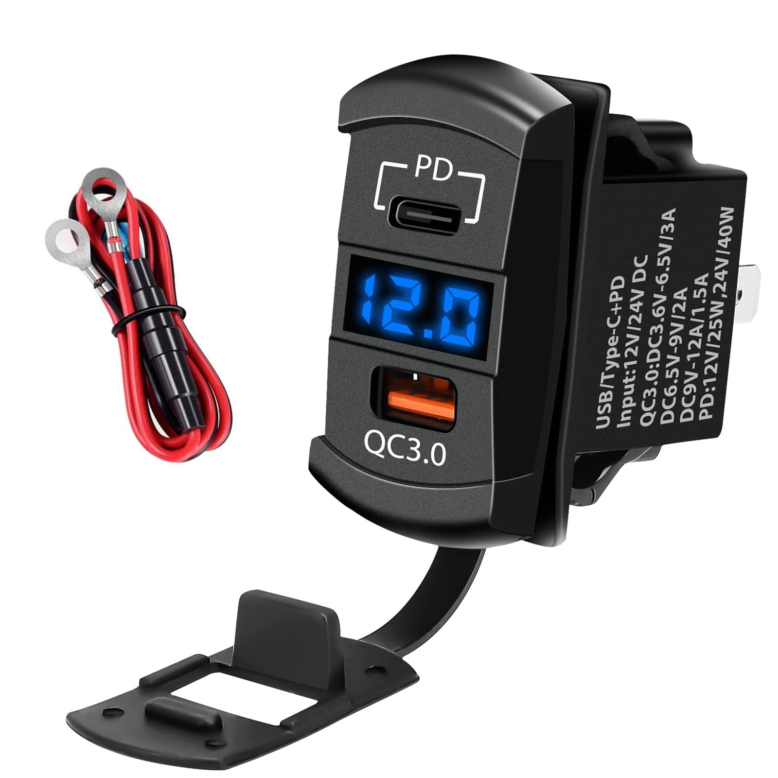 Unifizz QC 3.0 USB-A Port, USB C Port and Voltage Meter with Blue LED Digital Display, Waterproof 12V 24V Rocker Switch USB Charger on Marine Boat Vehicle Truck RV Cart
