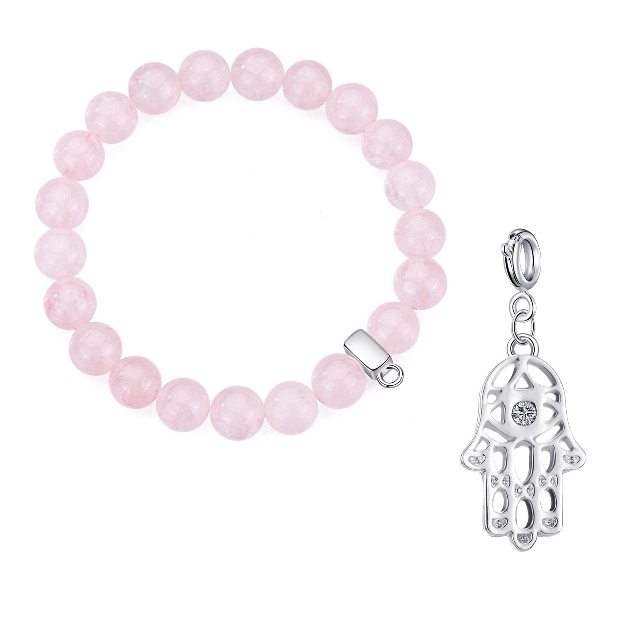 Philip Jones Rose Quartz Gemstone Bracelet with Hamsa Hand Charm Created with Zircondia® Crystals