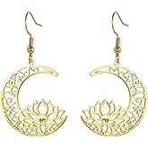 KKJOY Lotus Flower Yoga Dangle Earrings Stainless Steel Lotus in Moon Pendant Earrings Inspirational Jewelry for Women Charming Ladies