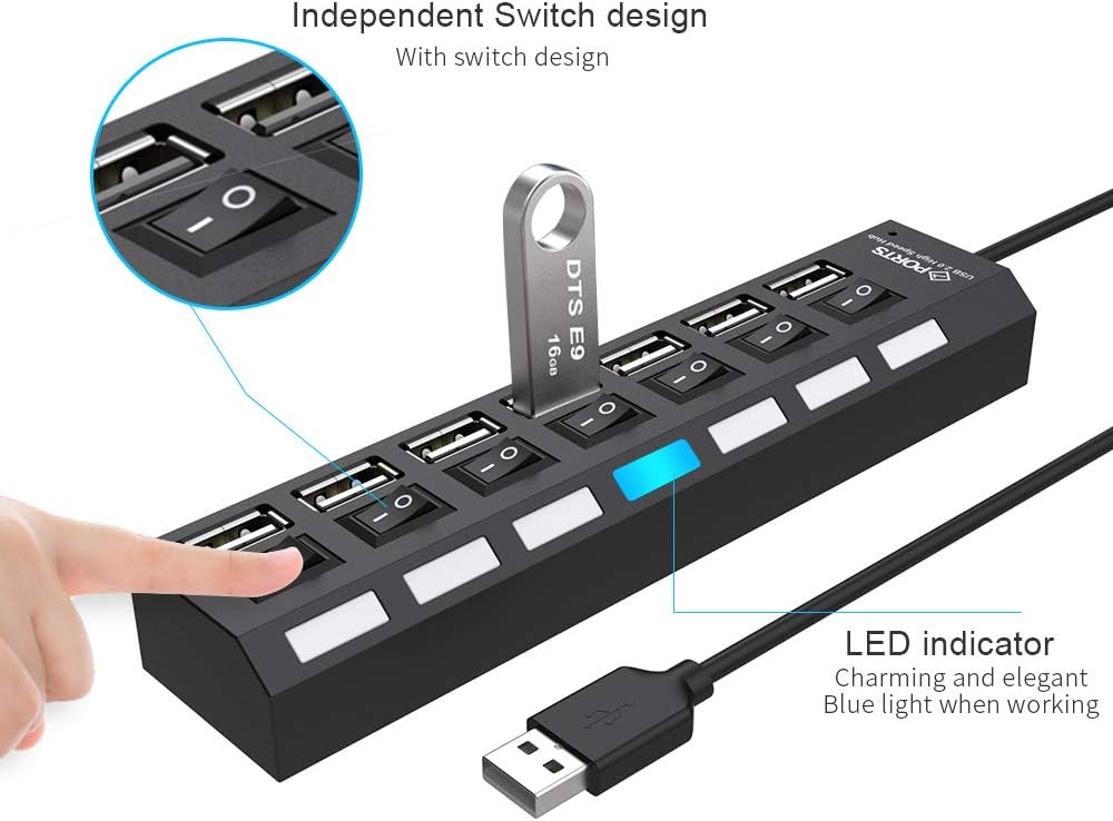 Multi Port USB Splitter, 7-Ports USB 2.0 Hub High Speed ON/Off Individual Switch with LEDs Compatible for All USB Device (7-Ports): Computers & Accessories