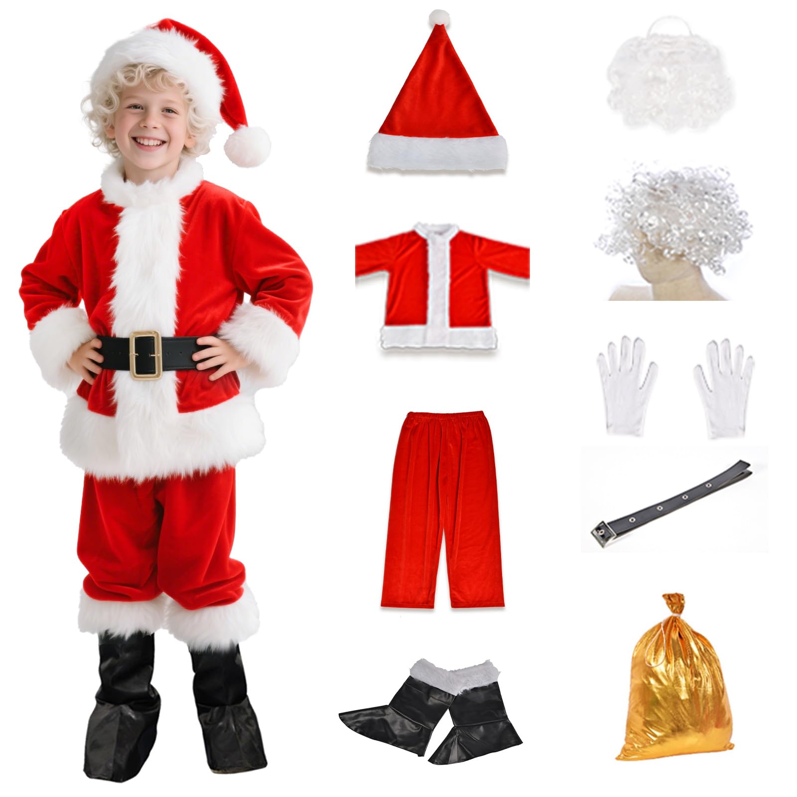 Photo 1 of KLLOUZE Kids Santa Claus Costume Children's Christmas Deluxe Santa Suit Outfit Party Cosplay Costumes for Boys Kids 9 PCS (Small)