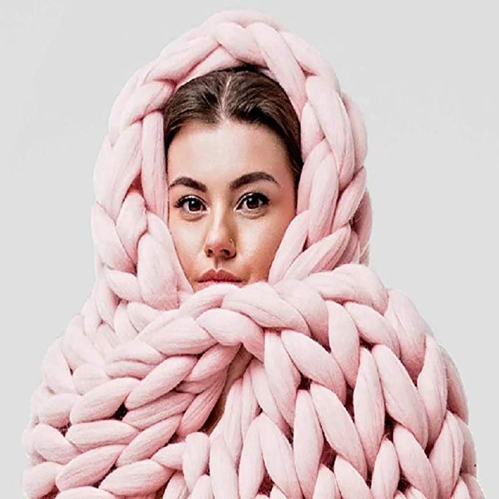 ZFMG Chunky Knit Blanket Handmade, Thick Yarn Knitting Warm Blanket Fluffy Bulky Cozy Knitted Blanket, Cozy Giant Yarn Chunky Blanket for Home Decor Pet Mat,Pink,60x60cm(24x24inch)