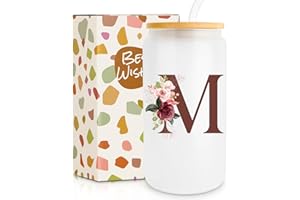 ISSVWO Frerdui Ini-tial Glass Cups with Lids and Straws, Personalized Gifts for Women, Monogrammed 16oz Tumbler Straw Lid, Iced Coffee Cup, Beer Can Shaped Glass- M
