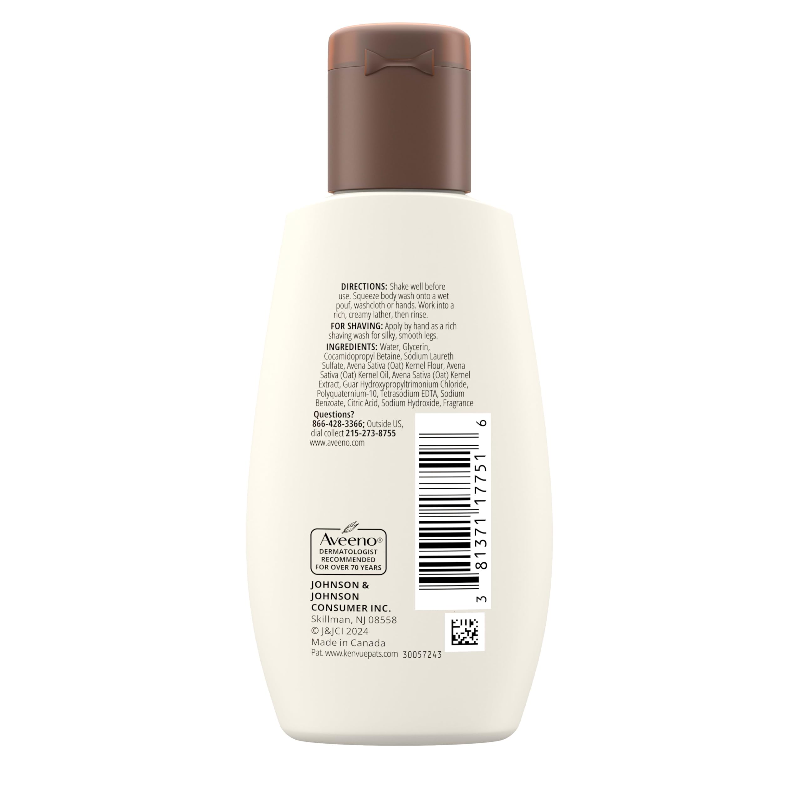 Aveeno Daily Moisturizing Body Wash for Sensitive Skin + Prebiotic Oat, Gently Cleanses Dry Skin & Feels Moisturizing, Light Fragrance, Travel Size, 2 fl. oz