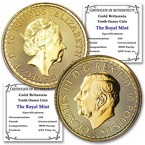 2023 Set of (2) 1/10 oz British Gold Britannia (Queen Elizabeth II & King Charles III) Coins Brilliant Uncirculated with Certificates of Authenticity 24K 10£ BU