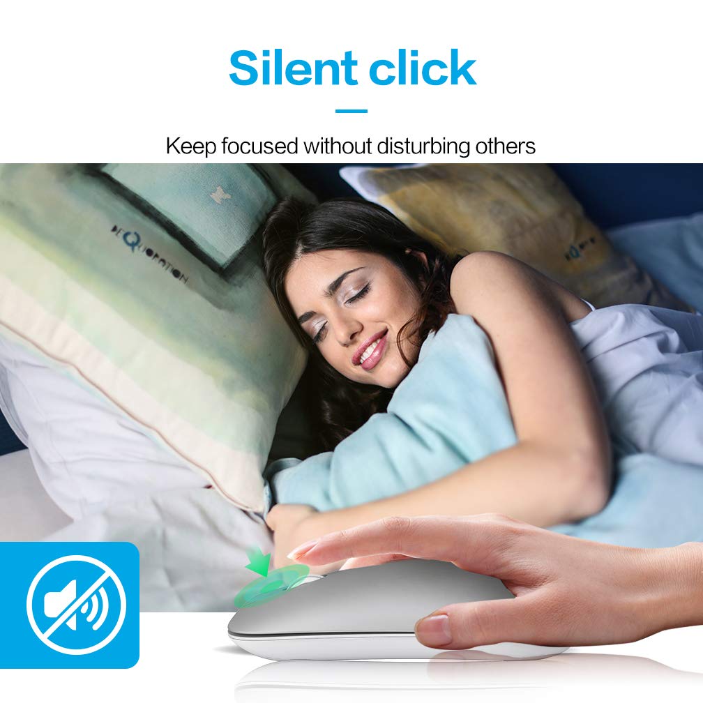 Bluetooth Mouse Rechargeable, Inphic Slim Silent Click Rechargeable 2.4G Wireless Mice 1600DPI Optical Portable USB PC Computer Laptop Cordless Mouse with Nano Receiver (Bluetooth Silver)