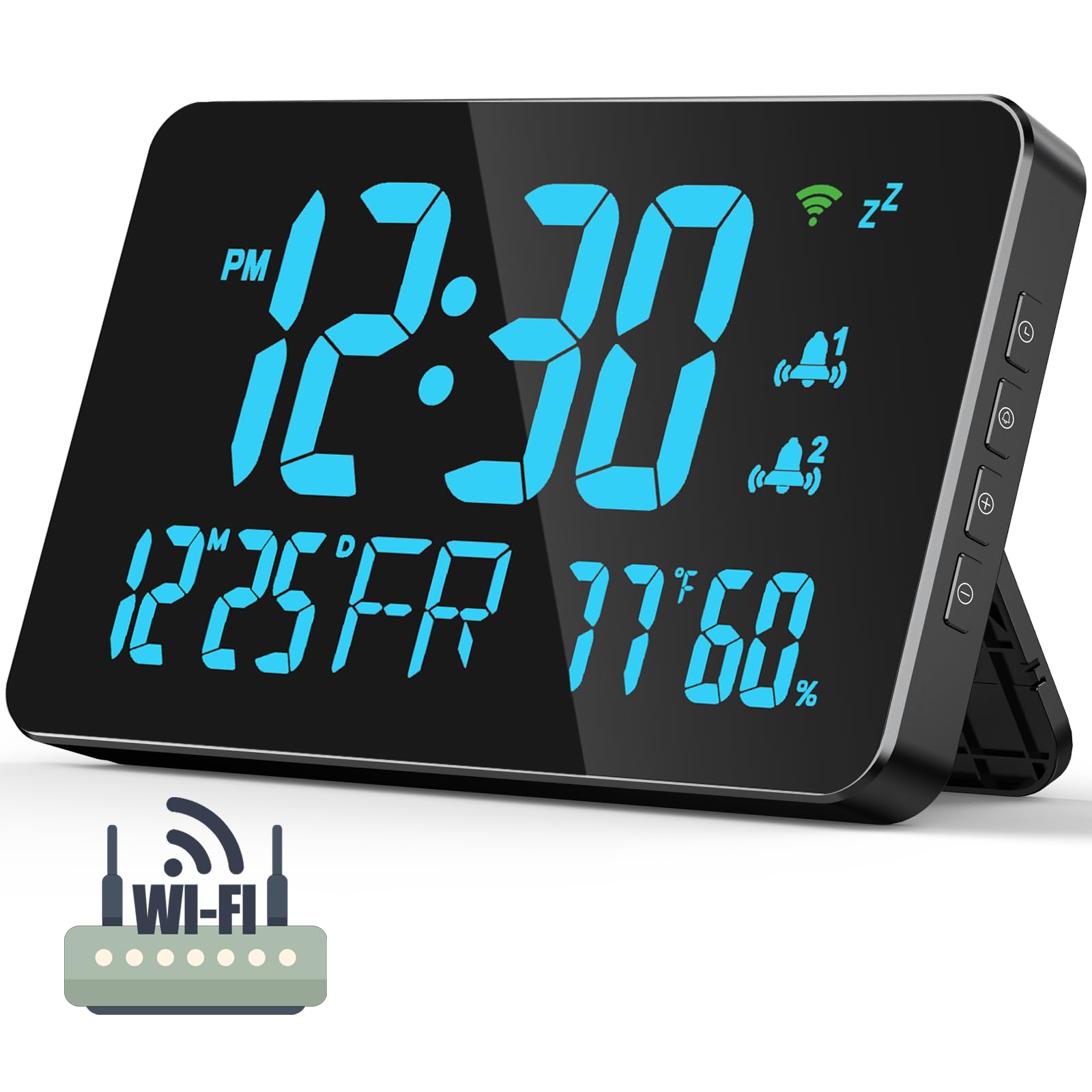 Photo 1 of 2.4GHz WiFi Smart Clock - Atomic Time Sync, Temp & Humidity Display, Alarm, Date, Day, Dimmable - Compatible with Smart Life & Tuya Smart App - Blue Color
