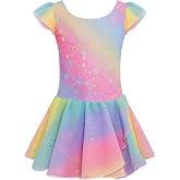 Arshiner Girls Ruffle Sleeve Ballet Dance Dress Tutu Skirted Leotard | Girl ballet leotards with two layers sequins asymmetrical tulle skirt,Ruffle sleeve ballet dress,Soft high stretchy fabric