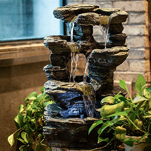 CYA-DECOR Rock Tabletop Fountain Indoor, 4 Tiers Waterfall Fountains Outdoor with LED Lights, 24 Inches Height