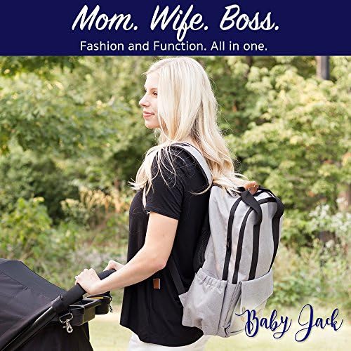Baby Travel Diaper Bag Backpack for Mom and Dad with BONUS Changing Mat and Breastfeeding Ebook, 12 Pockets, Trendy Tote, by BabyJack (Gray)