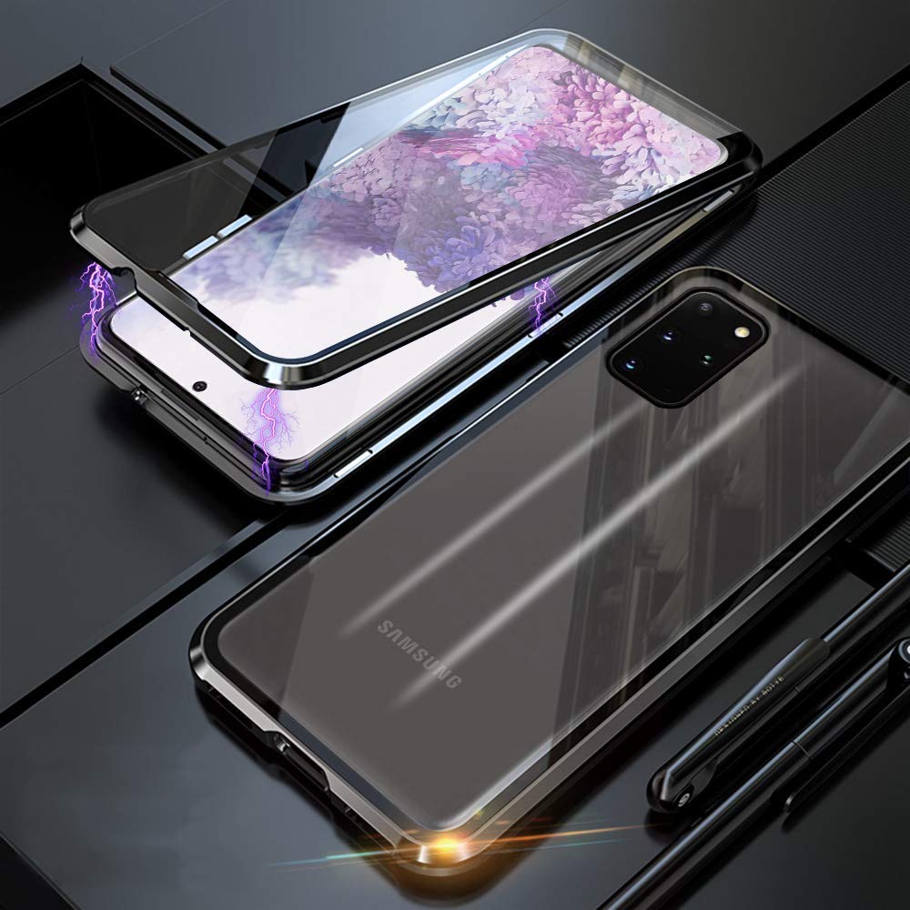 SIMao for Samsung Galaxy S20 Plus Case,[Magnetic Adsorption][Metal Frame + Front and Back Tempered Glass Transparent] Flip Cover Ultra Thin Full Body Screen 360 Degrees Coverage Protective Case,Black