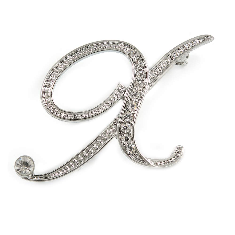 'X' Rhodium Plated Clear Crystal Letter X Alphabet Initial Brooch Personalised Jewellery Gift - 30mm Tall