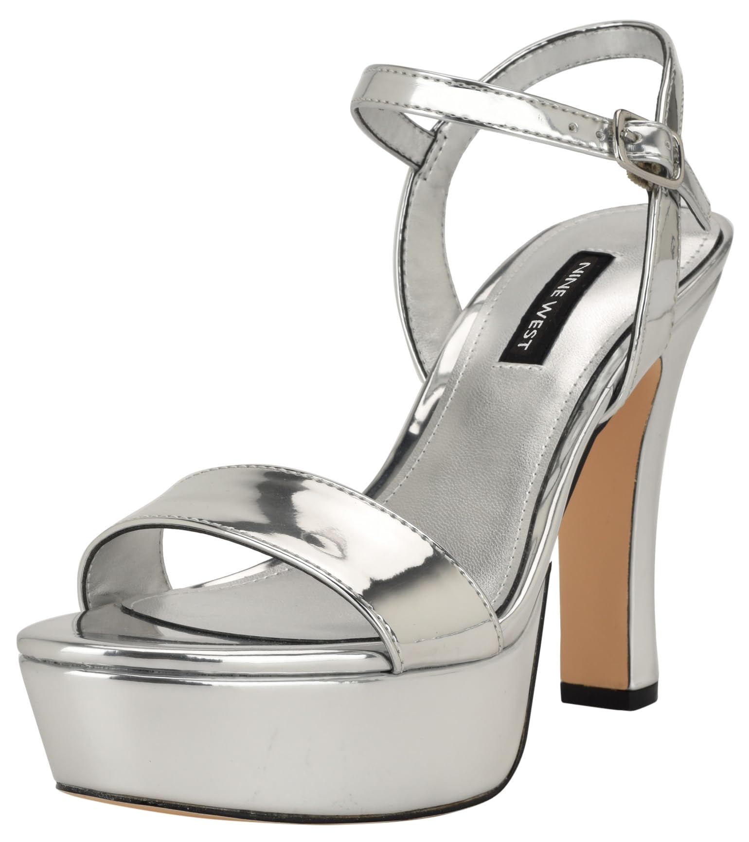 Nine West Women’s Solas Heeled Sandal, Silver Mirror Metallic 040, 5