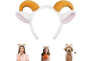 Beviliu Goat Ears Headband with Ram Horns, Animals Ears and Horns Headband, Sheep Ears Custome Lamb Ears Headwear for Halloween Christmas Birthday Party Theme Cosplay Washing Face