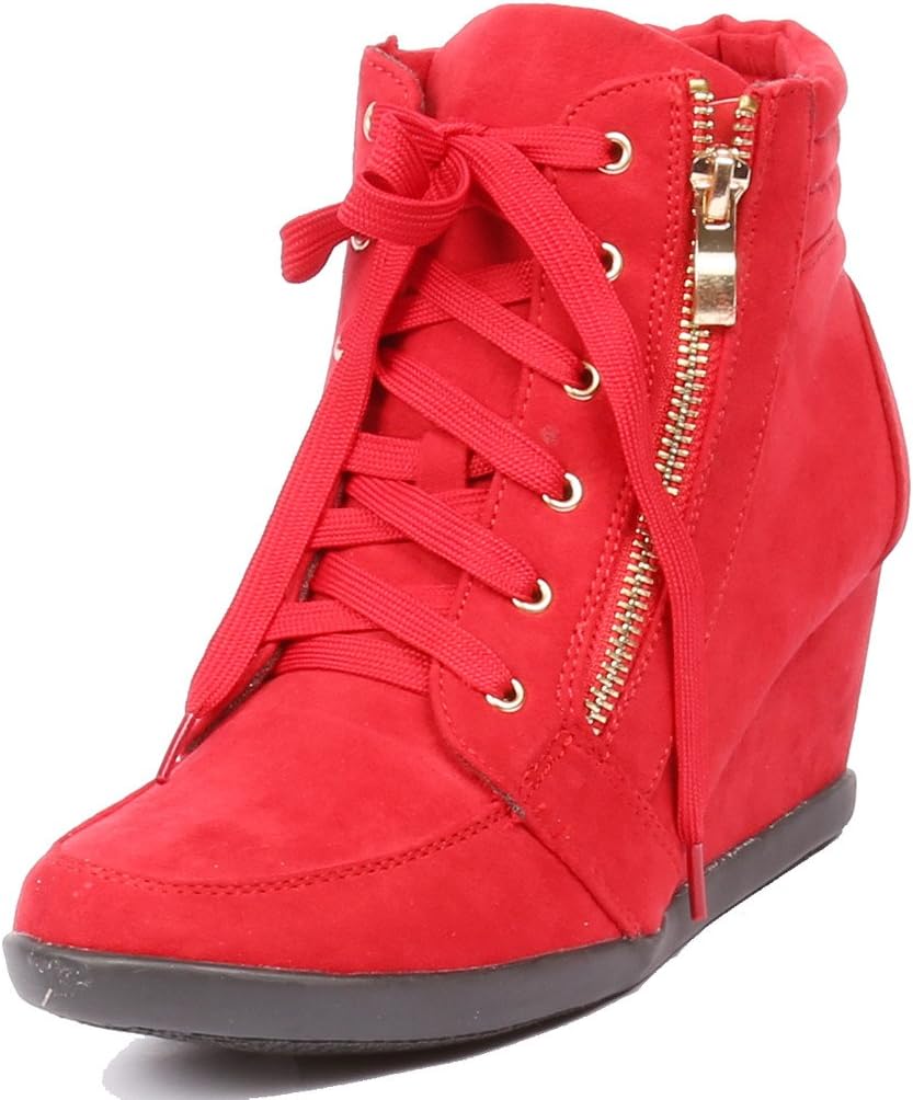 Coshare Women's Fashion Versatile Ankle High Top Lace Up Hidden Heel Wedge Sneakers Booties
