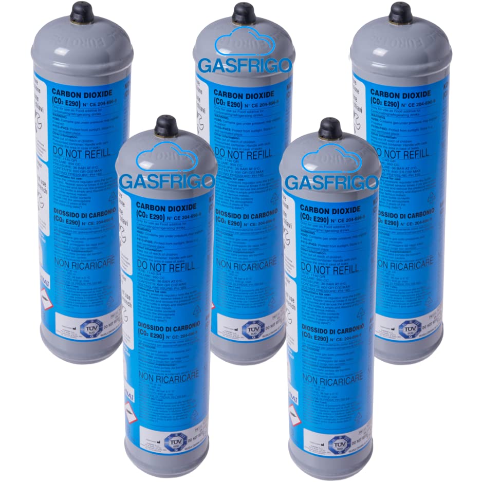 GASFRIGO®️ 5 BOMBOLE CO2 USA E GETTA 600 Gr MADE IN ITALY -MARCA EUROTRE E290 ALIMENTARE PER GASATORI ACQUA ATTACCO 11 x 1 DIMENSIONI.BOMBOLA DN 70 MM H 325 MM