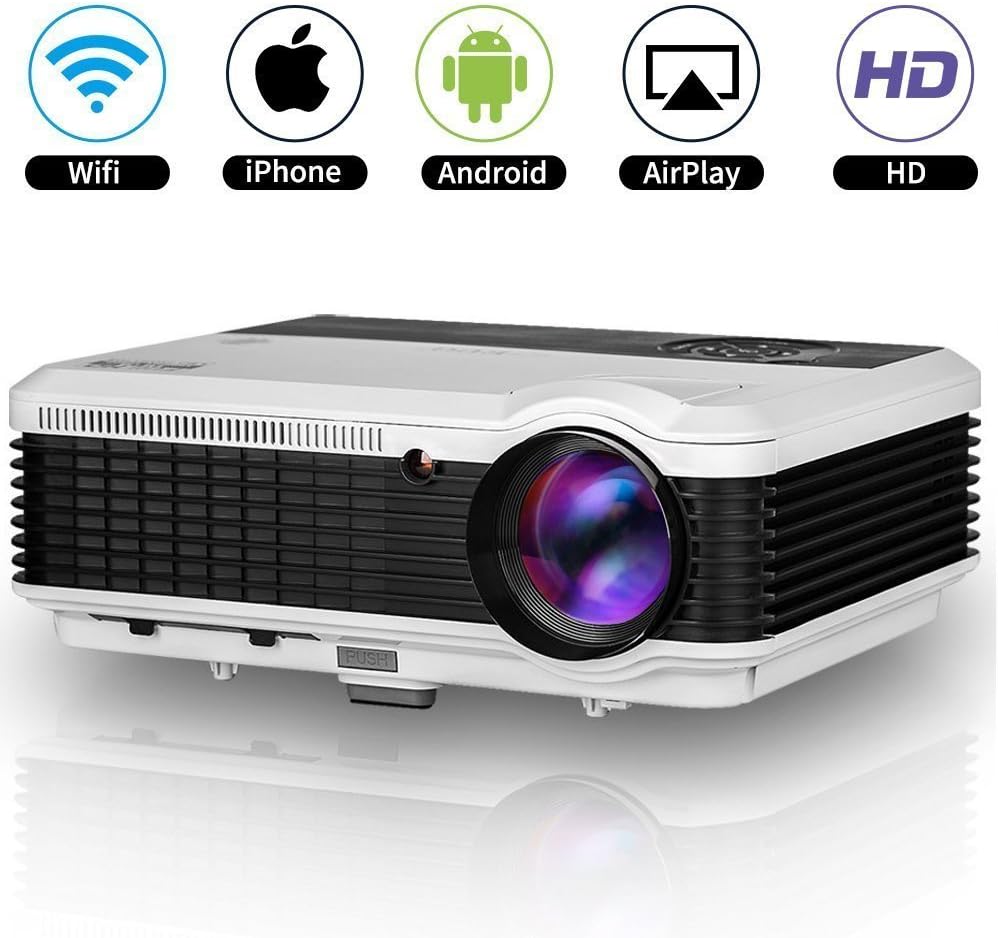 Wireless LED HD Android Projector 4500 Lumens LCD WXGA HDMI Wifi Airplay Wireless Home Cinema Theater Proyectors Built-in Speakers for Indoor Outdoor Movies Game TV DVD Blu ray Smartphone Xbox iPad