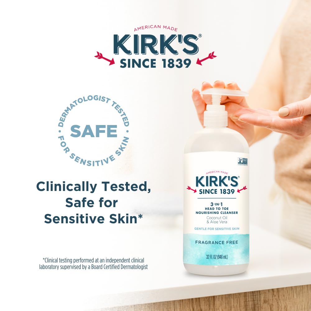 Kirk's 3-in-1 Head to Toe Nourishing Cleanser & Travel Size Bar Soap - for Men, Women & Children, Made with Premium Coconut Oil and Aloe Vera, Non-GMO & Vegan, Fragrance Free, 32 Fl Oz.