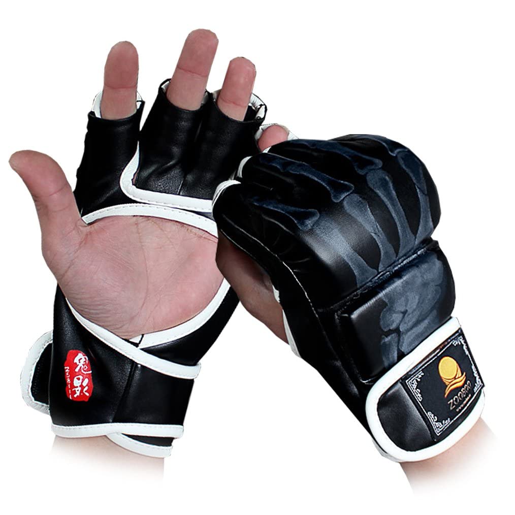 ZooBoo MMA Gloves - Half-Finger Boxing Fight Mitts With Adjustable Wrist Band for UFC, Sanda Sparring, Punching Bag Training (One Size Fits Most)