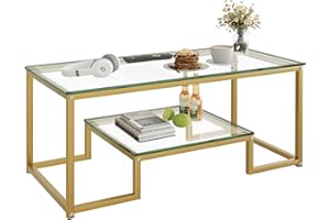 Wolawu Coffee Table Gold Glass Coffee Table for Living Room,2 Tiers Rectangle Center Table with Sturdy Metal Frame,Modern Tem