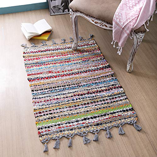 100 Cotton Rag Rug 2x3' Washable Multicolor Chindi Rug
