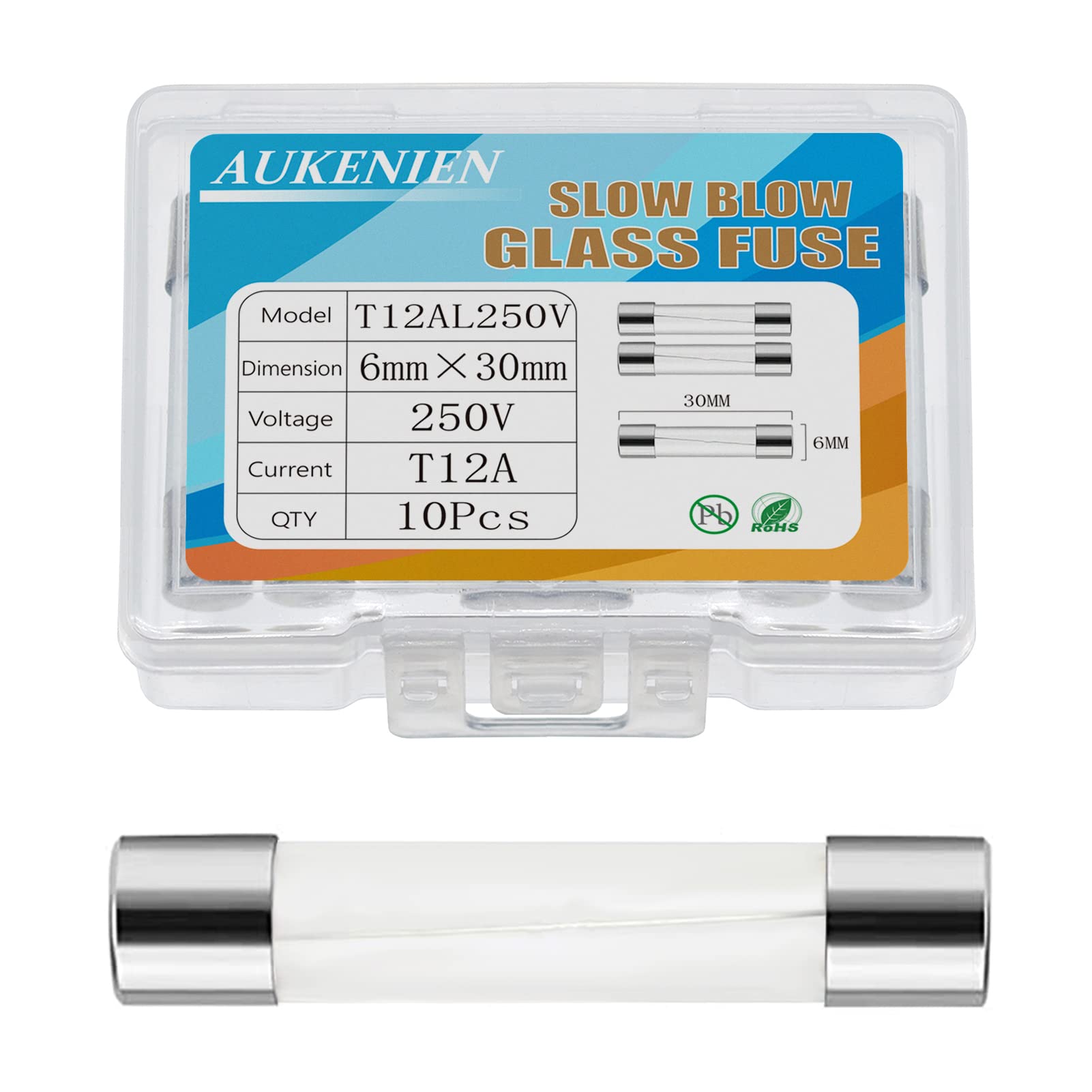 AUKENIEN T 12A 250V Slow Blow Glass Fuses T12AL T12AL250V 6x30 MM 12 Amp 250 Volt Cartridge Tube Time Delay Fuse, Multiple Values of Glass Fuse Optional (Pack of 10)