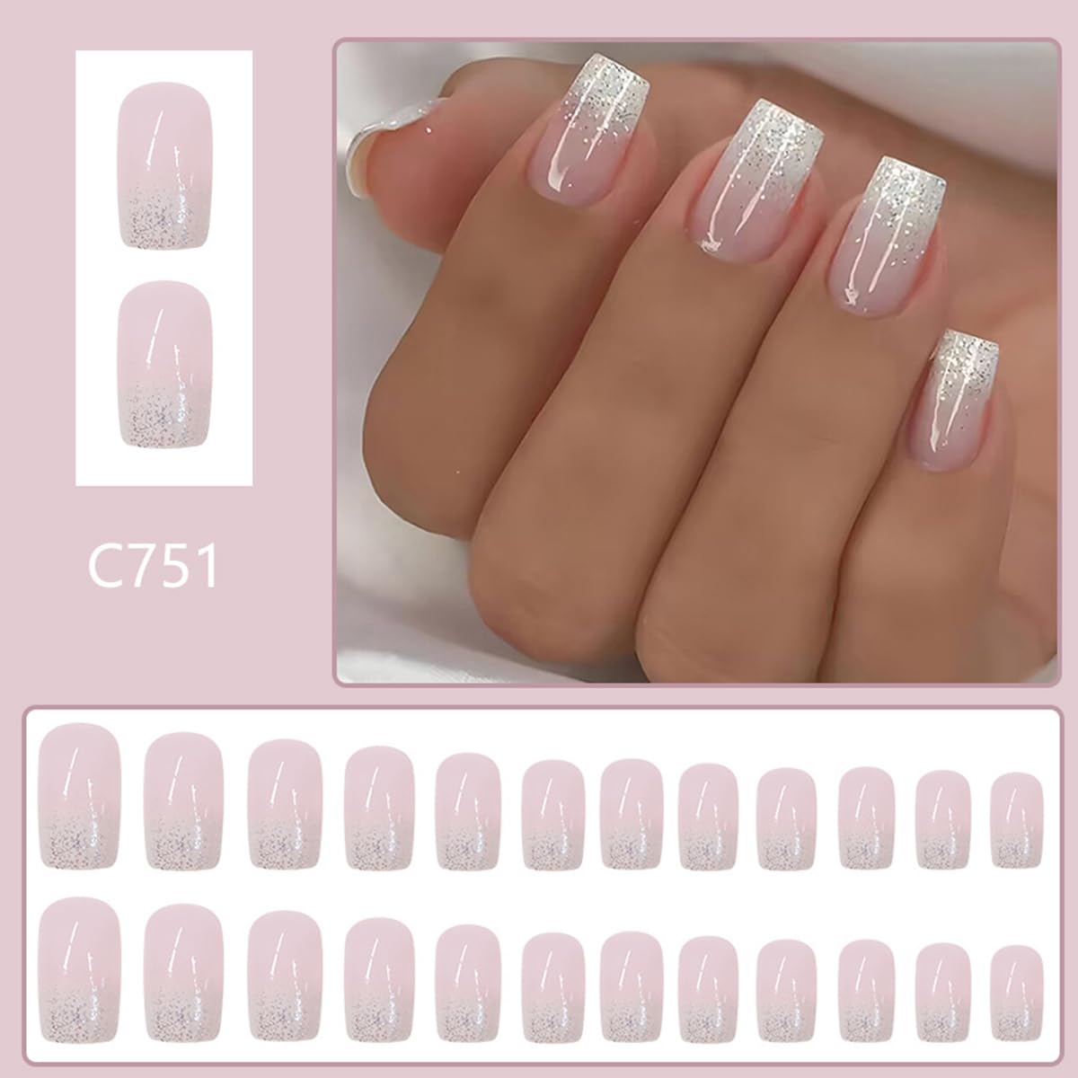 24Pcs White Glitter French Tip Press on Nails Short Square Fake Nails Glossy Nude Pink Design Glue on Nails Artificial Reusable Stick on Nails Coffin Acrylic Nail Tips Full Cover False Nails for Women - Image 2