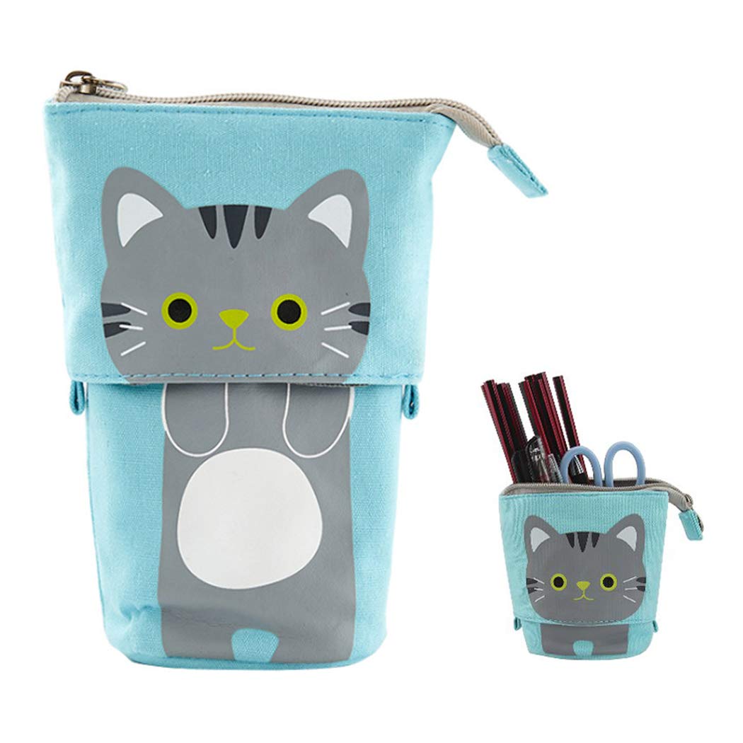 Hillento Telescopic Pencil Bags, Pencil Stand Holder, Telescopic Cat Pencil Case Canvas Pen Organizer Stationery Pouch Bag, Small Cosmetics Bag with Zipper, Blue