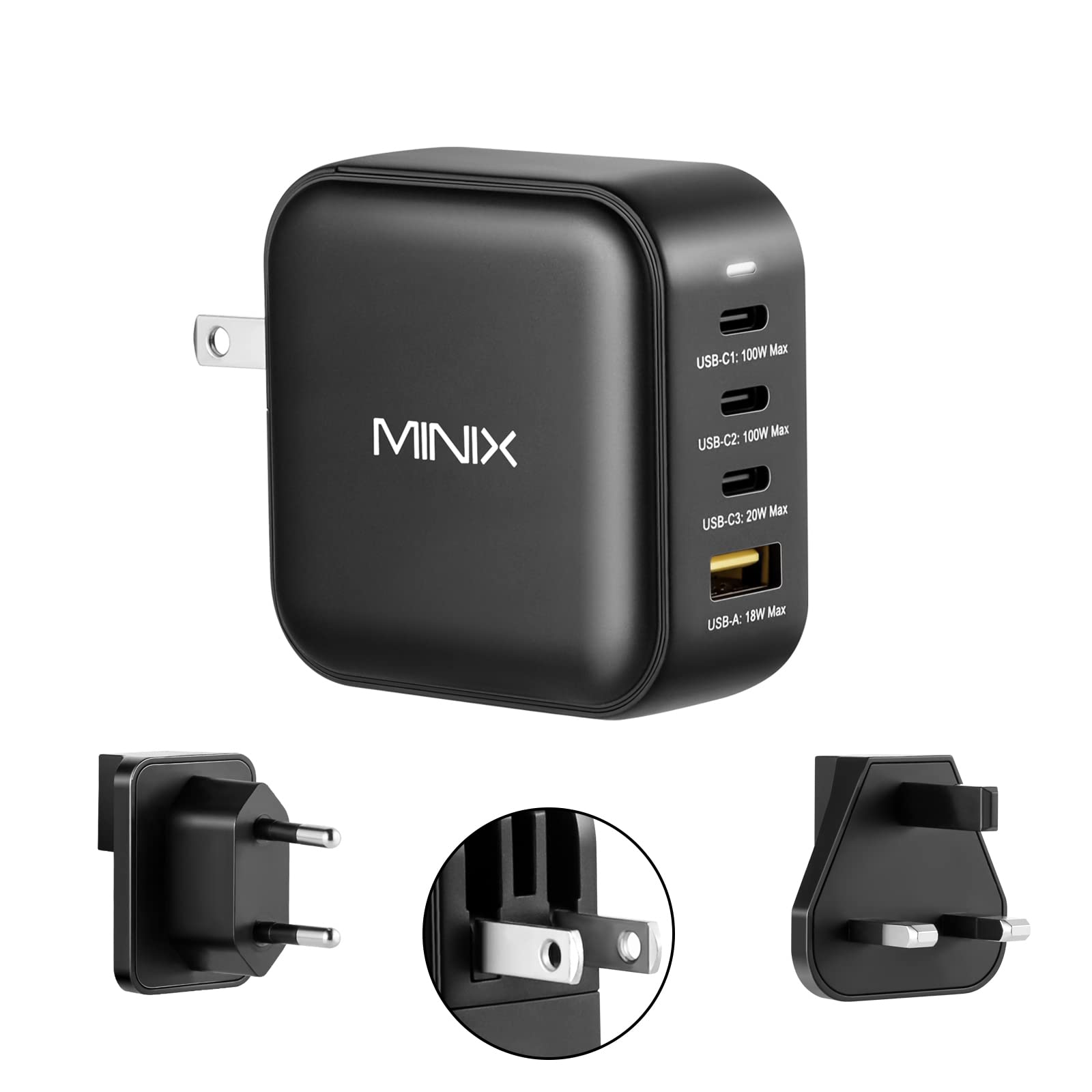 MINIX NEO P3 100W Turbo 4-Port GaN Wall Charger, 3 x USB C port Fast Charging Power Adapter(Max 100W/20W), 1 USB-A (Max 18W). Compatible with MacBook Pro Air, iPad Pro, iPhone 17/16 Pro Max,Galaxy S23 Image