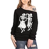 LuFeng Women's Christmas Halloween Off Shoulder Skeleton Printing Funny T-Shirt Long Sleeve Sweatshirts Pullover Tops